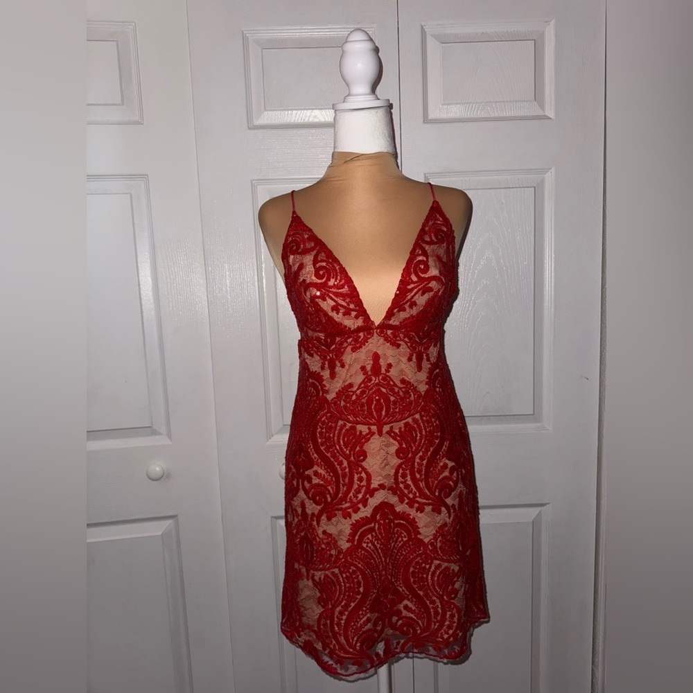Free People Night Shimmers‎ Lace Sequined Dress Red Size 0